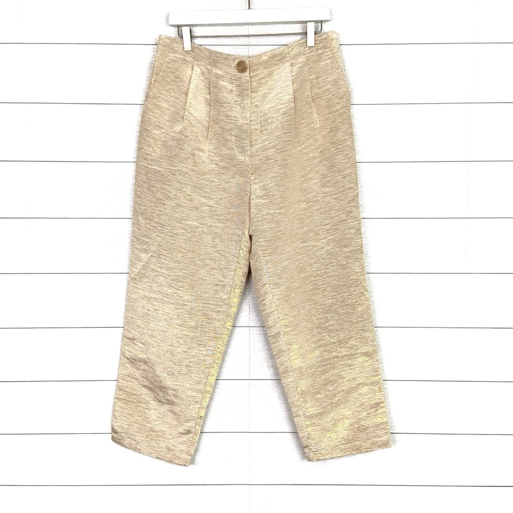 NWT COREY LYNN CALTER Pants Pleated Metallic Straight Trouser Ivory Gold Large